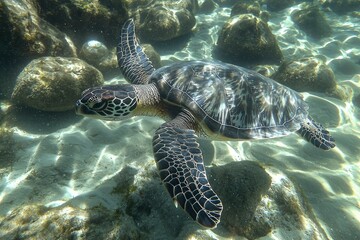 Poster - Green Sea Turtle Swimming Underwater in Shallow Water