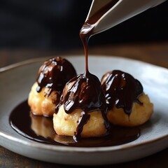 Wall Mural - Chocolate sauce being poured over three profiteroles on a white plate.