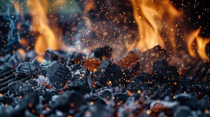 Canvas Print - Close-up view of a campfire with glowing embers and flying sparks