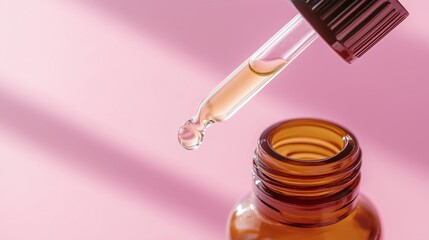 Wall Mural - Close-up view of a dropper releasing essential oil above a small amber glass bottle on a soft pink background in natural light