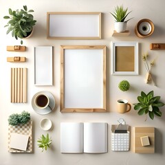 Wall Mural - Flat lay mockup featuring a blank notebook. calculator. and various home decor items. perfect for branding. design. and lifestyle projects.