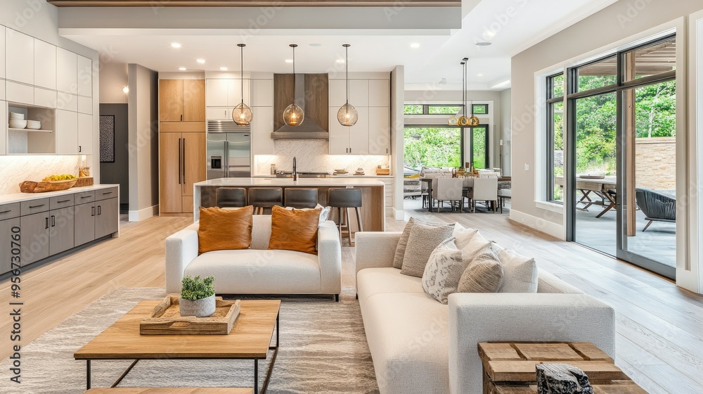 Interior of a modern home with a spacious open-concept kitchen and ...