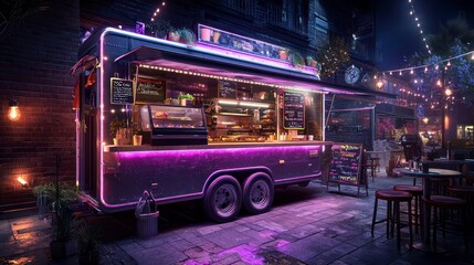 Neon-lit food truck in urban night setting with string lights