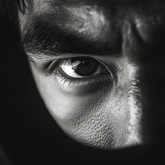 Wall Mural - Close-up black and white portrait of a man's intense eye, looking directly at the viewer.