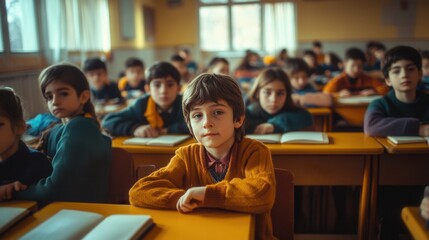 Aufkleber - Many students fill an overcrowded classroom, facing old educational resources as they strive for knowledge and learning. Generative AI