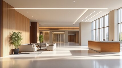 Wall Mural - A modern hospital lobby with a spacious, open layout, comfortable seating, and a reception desk