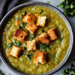 Poster - Close-up of a bowl of creamy green pea soup topped with croutons and parsley.