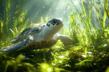 Wall Mural - Sea Turtle Swimming Through Lush Underwater Vegetation