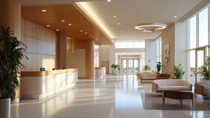 Poster - A modern hospital lobby with a spacious, open layout, comfortable seating, and a reception desk
