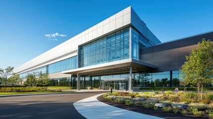 Poster - A modern hospital with a sleek glass facade, large windows, and a welcoming entrance, surrounded by landscaped gardens and a clear blue sky