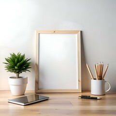 Wall Mural - Minimalist desk mockup featuring a blank picture frame. potted plant. tablet. and pencils in a mug.