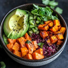 Wall Mural - Close-up of a bowl with quinoa, avocado, sweet potato, and cucumber.