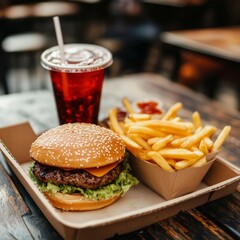 Sticker - Close-up of a cheeseburger, fries, and a glass of iced tea on a wooden table.