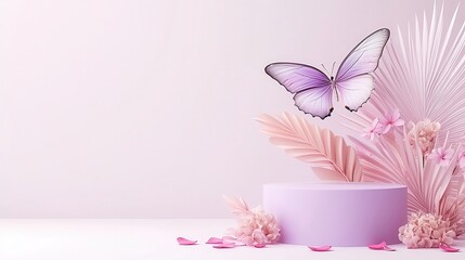 Wall Mural - Pink Butterfly and Flowers on Pedestal.