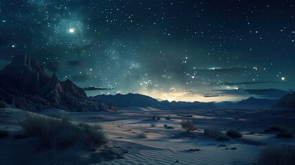 Poster - A moonlit desert with a stunning array of stars in the night sky, creating a serene and breathtaking nighttime landscape.