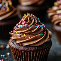 Close-up of a chocolate cupcake with chocolate frosting and colorful sprinkles.