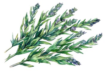 Hand drawn watercolor illustration of wormwood, sagebrush and herbal essential oil set on white background