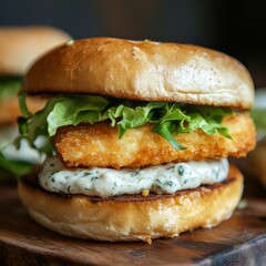 Sticker - Closeup of a crispy fish burger with lettuce and creamy sauce on a toasted bun.