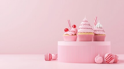 Wall Mural - Pink Cupcakes on Pink Pedestal with Striped Candy.