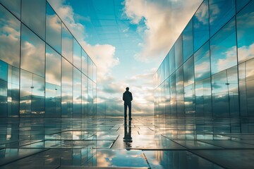 Contemplative man reflected in the mirror of corporate building