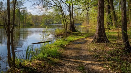 Poster - A nature trail following the edge of a calm lake, with reflections of trees and wildlife adding to the tranquility and beauty of the setting