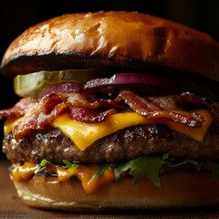 Sticker - Closeup of a juicy cheeseburger with bacon, pickles, and onions on a toasted bun.