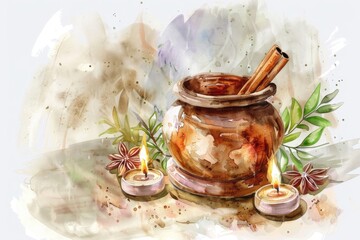 Canvas Print - Hand-drawn Aroma Lamp with Cinnamon Stick in Watercolor Style