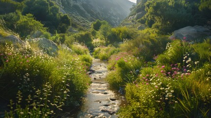 Sticker - A nature trail through a lush green valley, with flowering plants and a gentle stream adding