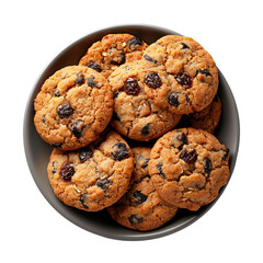 Delicious homemade cookies with chocolate chips and raisins in a bowl, perfect for a snack or dessert. Freshly baked and ready to enjoy., transparent background