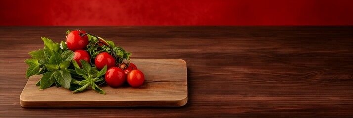 A selection of fresh vegetables, including vibrant red tomatoes, green herbs, and leafy greens, lies on a wooden cutting board in a rustic kitchen setting.