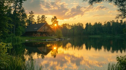 Canvas Print - a photo of a secluded lake house in the summer time. Nature mirroring in the water. light Sunset