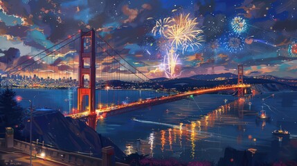 Sticker - A night view of the Golden Gate Bridge with fireworks in the sky, creating a festive