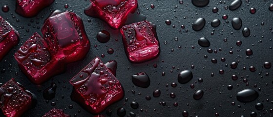 Wall Mural - Closeup of red ice cubes with water droplets on black surface