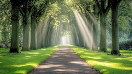 Poster - Long tree avenue with sun rays piercing through, highlighting the lush green path and creating a beautiful morning view.