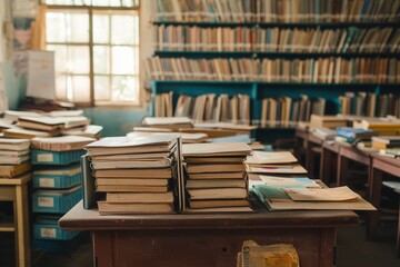 Aufkleber - Students learn in overcrowded classrooms surrounded by old books and few supplies, striving for knowledge despite challenges. Generative AI