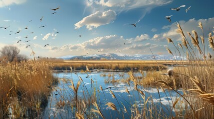 Poster - setup in a marshland, with tall reeds and a variety of wetland birds visible in the tranquil setting