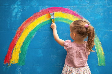 Canvas Print - A cute little girl wearing an apron is holding paintbrushes and painting on the wall, creating rainbows with her brushstrokes