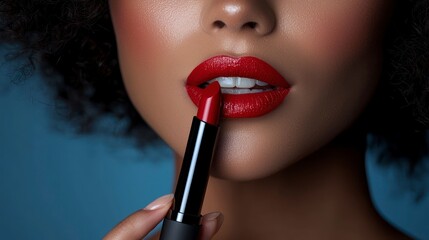 Close-Up Of Woman Applying Red Lipstick On Lips With Precision