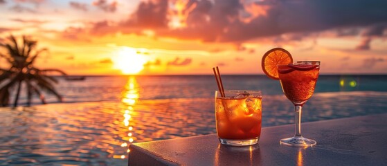 Wall Mural - Summer cocktails on luxury tropical beach resort at sunset