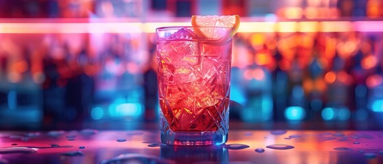 Wall Mural - Glass of cocktail in hypnotic neon light 