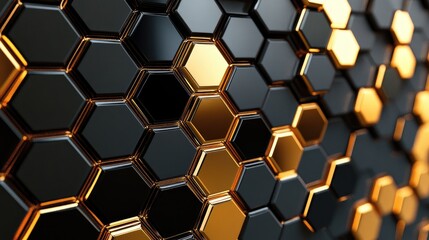 Gold and black 3D hexagon mosaic pattern, reflecting light for a luxurious and sophisticated abstract background.