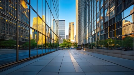 Wall Mural - A panoramic view of an office building's modern architecture, showcasing clean lines, reflective glass