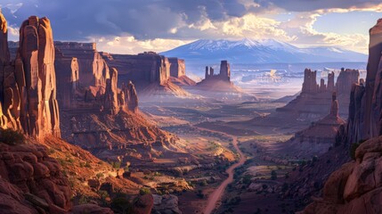 Poster - A panoramic view of Arches National Park's Park Avenue, with its towering rock spires and deep canyons offering a dramatic