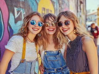 Poster - Three cheerful, beautiful young women in stylish posing on the street and laughing on a sunny day, wearing sunglasses