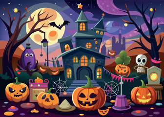 Sticker - A Halloween scene with a castle, a witch, and bats. Scene is spooky and eerie