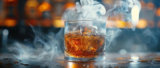 Wall Mural - A whiskey drink in a glass with smoke coming out of the top of the glass 