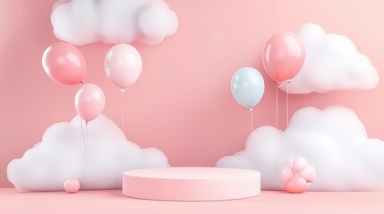 Wall Mural - Pink and Blue Balloons with Clouds and Podium.