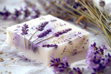 Herbal Lavender Soap in Watercolor Style. Handmade Natural Soap with Aromatic Flowers