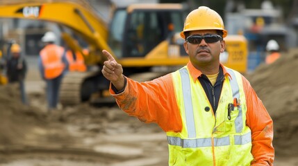 A construction worker in safety gear directs operations at a construction site with heavy machinery in the background.