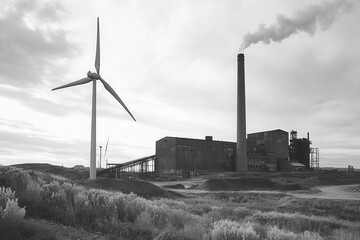 Aufkleber - Wind turbines stand tall against old factories, highlighting the shift from coal mining to renewable energy sources in the area. Generative AI